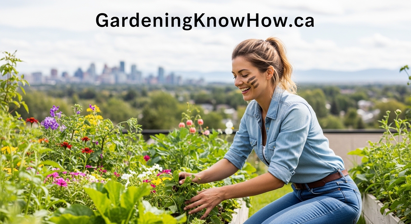 Woman picking flowers with the Calgary skyline behind her