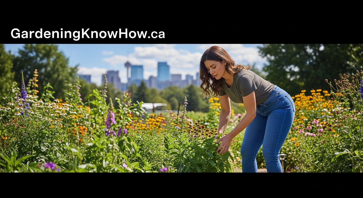 Woman tending a flower garden in Calgary